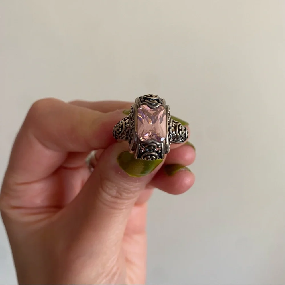 Silver Tone Ornate Band Ring with Light Pink Stone - Picture 3 of 5